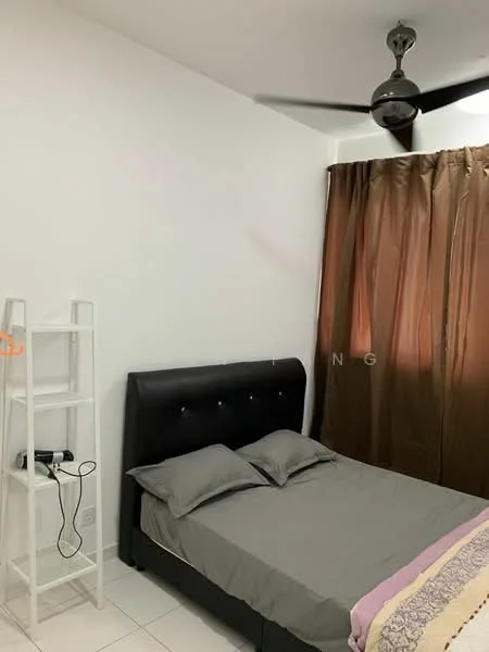 Bedroom features: queen-size bed with grey bedding, upholstered headboard, white painted walls, brown curtains, 5-blade ceiling fan with light, white shelving unit, tile flooring, nightstand with electrical outlet; style: modern.