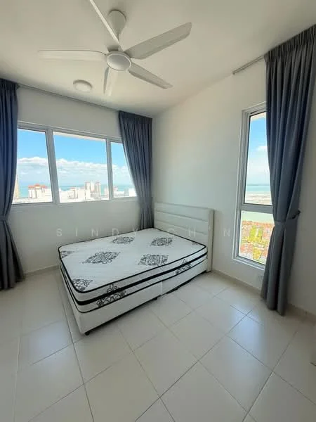 Bedroom features: queen-size bed, upholstered headboard, floor-to-ceiling windows, city view, light grey curtains, white painted walls, ceiling fan, tile flooring; style: modern; view: city.
