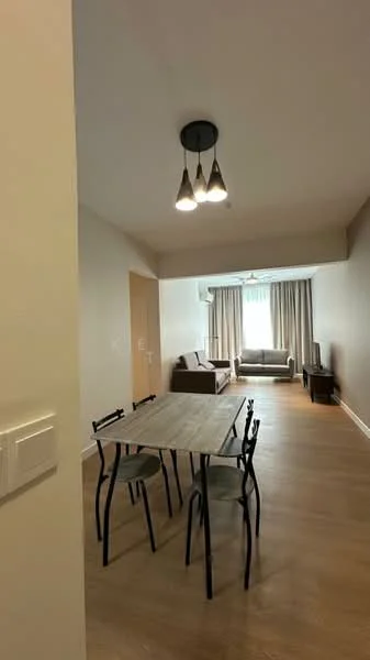 Dining features: wooden dining table, 4 black metal chairs, pendant light fixture with three bulbs, light wood flooring, neutral painted walls, air conditioning unit, floor-to-ceiling windows with sheer curtains, sofa in living area visible in background, TV console in living area visible in background; style: modern.