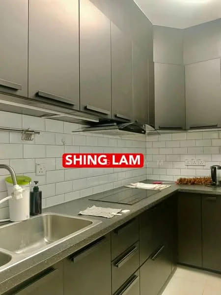 Kitchen features: grey cabinetry, stainless-steel sink, chrome pull-down faucet, black countertop, white subway tile backsplash, built-in stove, built-in range hood, kettle, dish soap dispenser, paper towel holder; style: modern.