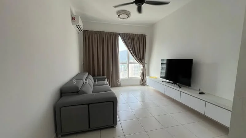 Living features: 3-seater fabric sofa in grey, wall-mounted TV, TV console in white, floor-to-ceiling window, curtains in beige, ceiling fan, light-colored tiled flooring, air conditioning unit; style: modern; view: city.