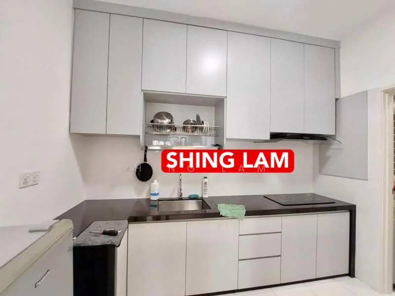 Kitchen features: grey flat-panel cabinets, black countertop, stainless-steel sink, chrome pull-down faucet, built-in stove, open shelving, dish rack, wall-mounted range hood, white tiled backsplash, white walls, tile flooring; style: modern.