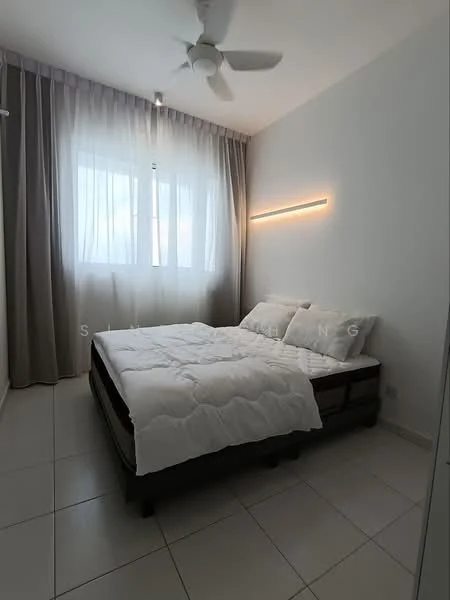 Bedroom features: queen-size bed, upholstered headboard, white bedding, floor-to-ceiling window, sheer curtains, light grey curtains, recessed LED wall light, ceiling fan, tile flooring, decorative wall, minimalist decor; style: modern.