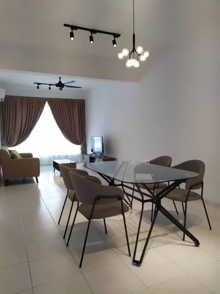 Dining features: glass dining table, 4 upholstered dining chairs, pendant light fixture, white painted walls, tile flooring, floor-to-ceiling window with sheer curtains, sofa in background, TV console in background, ceiling fan; style: modern.