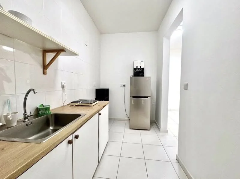 Kitchen features: single-bowl stainless-steel sink, wood countertop, white cabinetry, tile backsplash, stainless-steel fridge, built-in microwave, ceramic tile flooring, white painted walls, open shelving, under-cabinet lighting; style: modern.