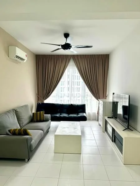 Living features: 3-seater fabric sofa in grey, 2-seater fabric sofa in black, coffee table in white, TV console in white, wall-mounted TV, floor-to-ceiling windows, sheer curtains, 5-blade ceiling fan with light, wall-mounted split AC, tile flooring in white, decorative cushions in yellow and black; style: modern; view: city.