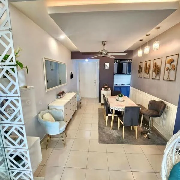 Dining features: rectangular dining table with 6 chairs, upholstered dining chairs in grey, pendant lighting fixtures, ceiling fan with light, framed artwork on walls, white wainscoting, light grey painted walls, tile flooring, decorative mirror, sideboard with drawers, decorative plants, bar stool at counter; style: modern.