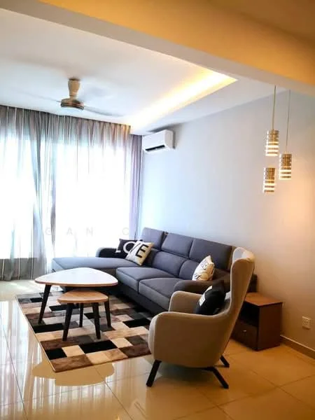 Living features: 3-seater fabric sofa in grey, 2-seater armchair in cream, round coffee table, square area rug with geometric pattern, wall-mounted TV, floor-to-ceiling windows with sheer curtains, ceiling fan, recessed downlights, wooden side table, air conditioning unit; style: modern.