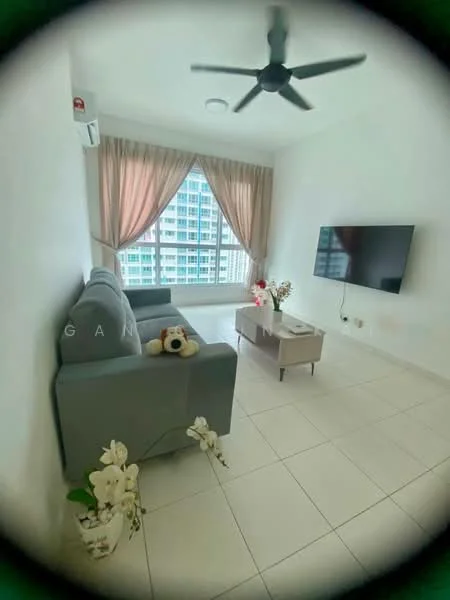 Living features: grey fabric sofa, coffee table, wall-mounted TV, floor-to-ceiling windows, sheer curtains, white painted walls, tile flooring, ceiling fan with light, decorative plants; style: modern; view: city.