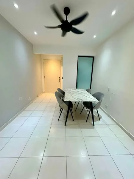 Dining features: white painted walls, tile flooring, 5-blade ceiling fan, rectangular dining table with marble top, 4 upholstered dining chairs in grey, recessed LED downlights; style: modern.