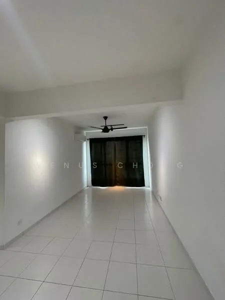 Living features: white painted walls, tile flooring, 5-blade ceiling fan, floor-to-ceiling windows, blackout curtains.