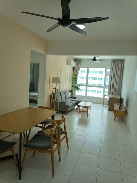 Living features: 3-seater fabric sofa in grey, wooden coffee table, TV console, wall-mounted TV, floor-to-ceiling windows, curtains, ceiling fan, light-colored walls, tile flooring, decorative plant, dining table with 4 chairs; style: modern; view: city.