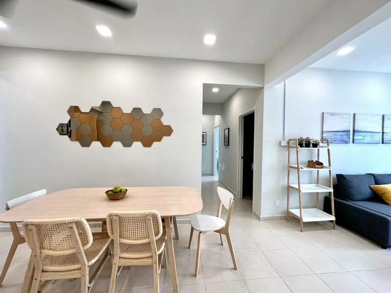 Dining features: wooden dining table, 6 dining chairs with rattan seats, decorative wall art with hexagonal design, light grey painted walls, tile flooring, recessed LED downlights, open shelving unit, sofa in dark fabric, neutral color palette, doorway leading to hallway; style: modern. Room features: light grey painted walls, tile flooring, doorway leading to hallway.