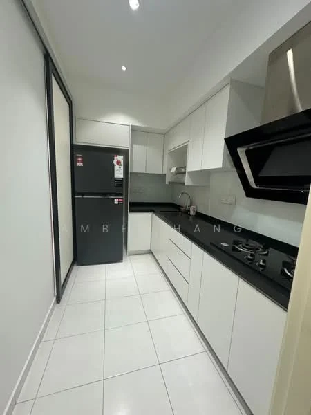 Kitchen features: white cabinetry, black countertop, stainless-steel sink, chrome pull-down faucet, built-in gas hob, stainless-steel range hood, stainless-steel fridge, ceramic tile flooring, recessed downlights, wall-mounted cabinets, open shelving, sliding door, back wall with no visible features; style: modern.