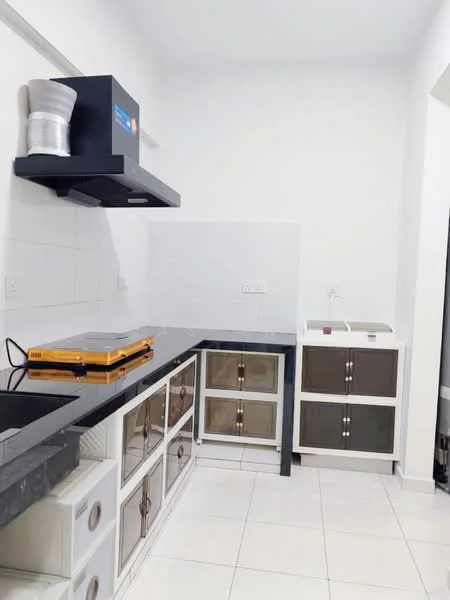 Kitchen features: white painted walls, black granite countertop, stainless-steel range hood, built-in gas stove, white cabinetry with glass fronts, tile flooring, under-cabinet lighting, open shelving, sink, refrigerator; style: modern.