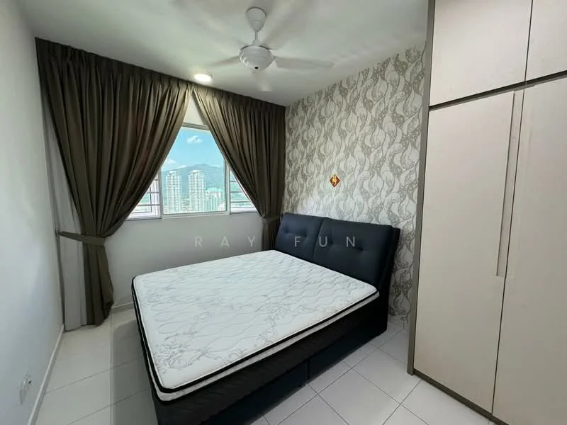 Bedroom features: queen-size bed, upholstered headboard, floor-to-ceiling window, city view, dark brown curtains, light grey wallpaper with pattern, white painted walls, white tiled flooring, ceiling fan, built-in wardrobe with sliding doors; style: modern; view: city.