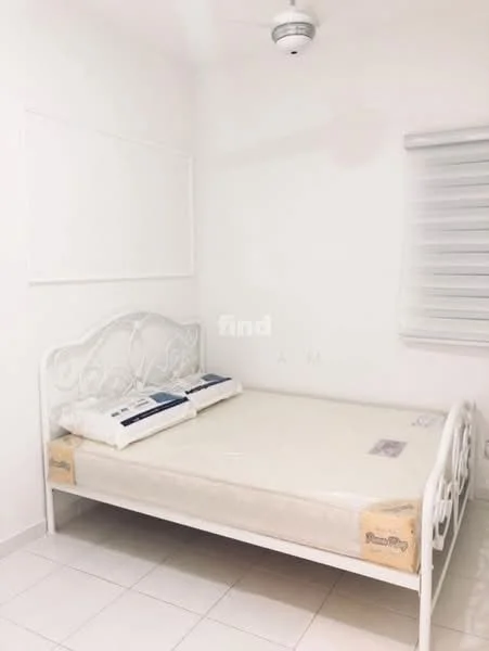 Bedroom features: white painted walls, white ceiling, ceiling fan, single bed, white metal bed frame, two pillows, window with blinds, tile flooring; style: minimalist.
