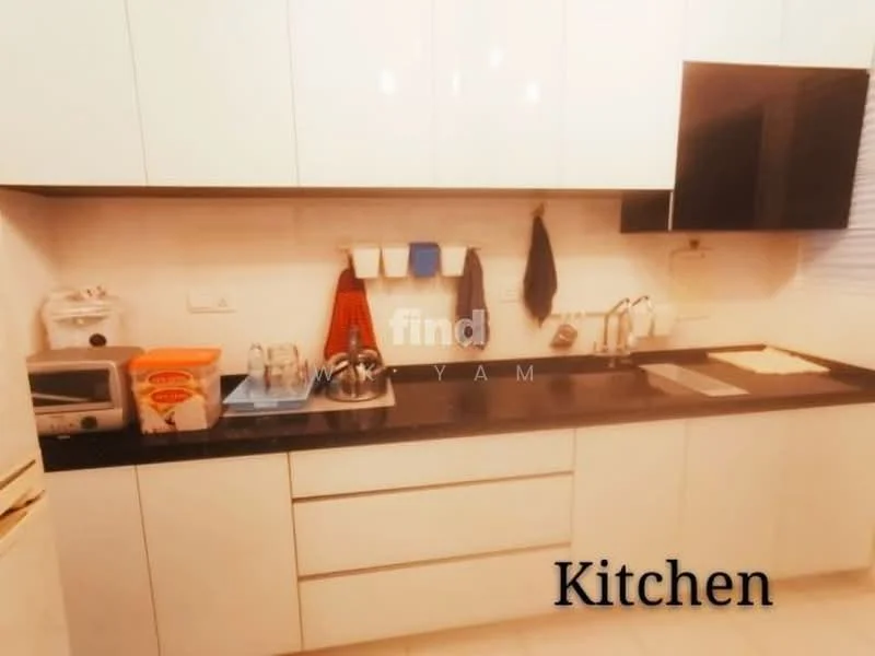 Kitchen features: white flat-panel cabinets, black granite countertop, stainless-steel sink, chrome pull-down faucet, built-in microwave, freestanding toaster, countertop blender, kitchen utensils hanging on hooks, wall-mounted TV, tile backsplash, recessed lighting; style: modern.