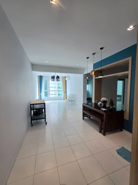 Living features: white painted walls, blue accent wall, tile flooring, recessed downlights, 3-blade ceiling fan, large windows with city view, dining table, wooden sideboard, decorative plants, area rug, hanging pendant lights; style: modern; view: city.