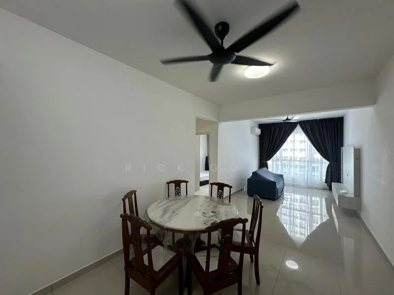 Dining features: round marble dining table, 4 wooden dining chairs, white painted walls, polished ceramic tile flooring, 5-blade ceiling fan, recessed ceiling light, floor-to-ceiling windows with sheer curtains, grey fabric sofa, dark curtains; style: modern. Room features: white painted walls, polished ceramic tile flooring, floor-to-ceiling windows with sheer curtains, dark curtains.