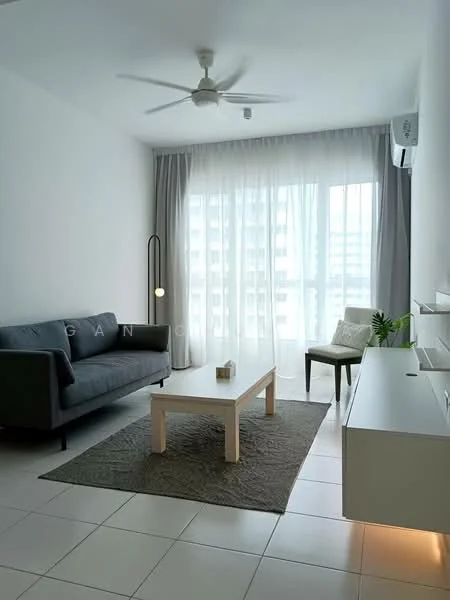 Living features: 3-seater fabric sofa in grey, coffee table, area rug with geometric pattern, floor-to-ceiling windows, sheer curtains, ceiling fan, wall-mounted air conditioning unit, decorative floor lamp, side chair, white console table; style: modern; view: city.