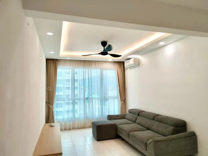 Living features: grey fabric sectional sofa, coffee table, 5-blade ceiling fan with integrated LED light, recessed downlights, floor-to-ceiling windows, sheer curtains, white painted walls, light-colored tile flooring, air conditioning unit; style: modern; view: city.