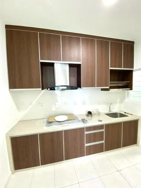 Kitchen features: brown wooden cabinetry, white countertop, stainless-steel sink, chrome pull-down faucet, built-in range hood, ceramic tile flooring, open shelving, drawer storage, wall-mounted cabinets; style: modern.