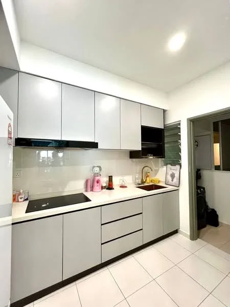 Kitchen features: grey flat-panel cabinets, white countertop, built-in induction cooktop, stainless-steel sink, chrome pull-down faucet, white tiled backsplash, recessed downlights, white ceramic tile flooring, kitchen appliances visible, open shelving, wall-mounted cabinets; style: modern.