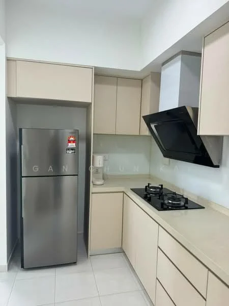 Kitchen features: light beige cabinetry, stainless-steel fridge, built-in gas hob, black glass range hood, white countertop, white tiled backsplash, ceramic tile flooring, under-cabinet lighting; style: modern.