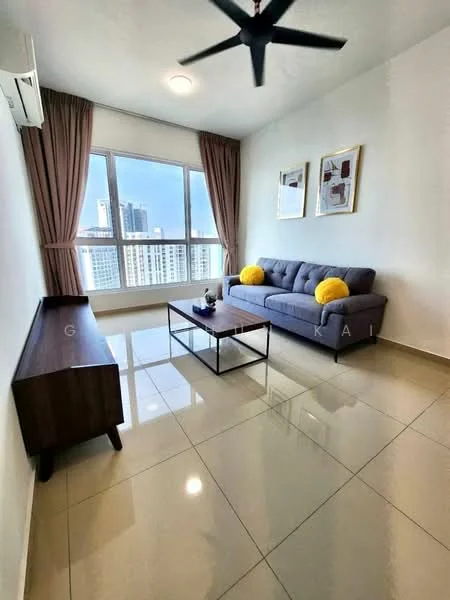 Living features: grey fabric sofa, 2 yellow decorative cushions, wooden coffee table, TV console, floor-to-ceiling windows, curtains in light brown, wall-mounted split AC, recessed ceiling light, glossy tile flooring, decorative wall art; style: modern; view: city.