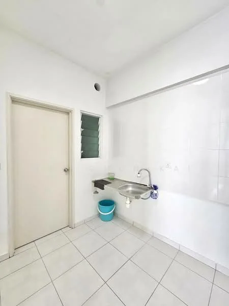 Laundry features: white painted walls, white tiled flooring, stainless-steel sink, single-bowl stainless-steel sink, chrome faucet, window with louvered glass, door leading to another room, cleaning bucket, wall-mounted shelf; style: minimalist.