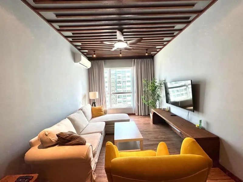 Living features: L-shape sectional sofa in white fabric, yellow accent chair, white coffee table, wall-mounted TV, wooden flooring, ceiling fan with light, floor-to-ceiling windows, curtains, indoor plant, air conditioning unit, wooden ceiling with beams; style: modern; view: city.