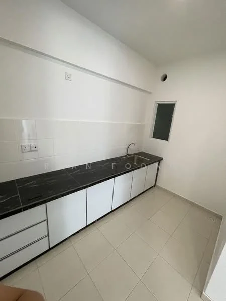 Kitchen features: black countertop, white cabinetry, single-bowl stainless-steel sink, chrome faucet, wall-mounted electrical outlets, tile backsplash, ceramic tile flooring, window, under-cabinet lighting; style: modern.