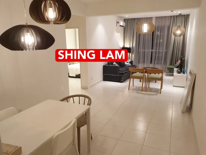 Living features: white painted walls, tile flooring, floor-to-ceiling windows, curtains, 3-blade ceiling fan, 2 pendant lights, sofa in dark color, dining table with chairs, decorative plant, wall-mounted air conditioning unit; style: modern.