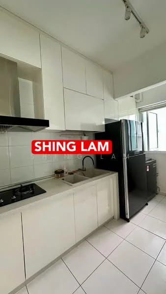 Kitchen features: white cabinetry, stainless-steel sink, chrome pull-down faucet, black refrigerator, built-in gas stove, white tiled backsplash, white countertop, window with view, ceramic tile flooring, recessed lighting; style: modern.