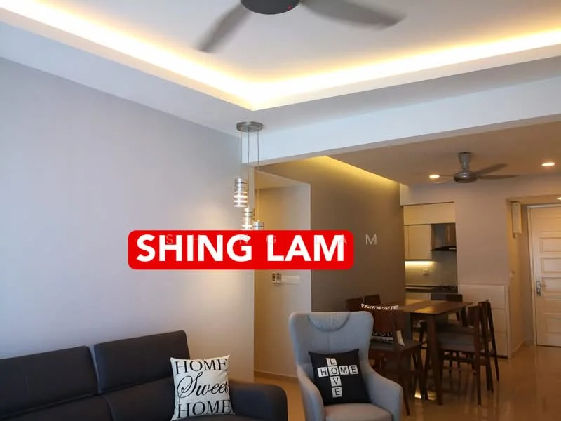Living features: grey painted walls, recessed ceiling with LED strip lighting, 5-blade ceiling fan, sofa in dark grey fabric, decorative throw pillows, pendant light fixture, dining area with wooden dining table and chairs, open layout to kitchen, flooring in polished tiles; style: modern.