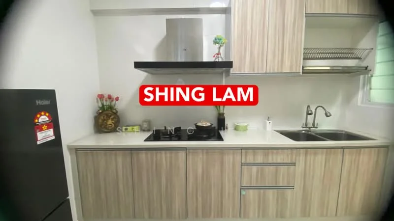 Kitchen features: stainless-steel range hood, 4-burner gas hob, double-bowl stainless-steel sink, chrome pull-down faucet, white quartz countertop, wood cabinetry with light wood finish, open shelving, refrigerator, decorative plant, kitchen utensils, wall-mounted storage rack; style: modern.