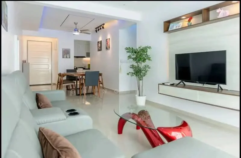 Living features: 3-seater grey leather sofa, red glass coffee table, wall-mounted TV, TV console with storage, white painted walls, recessed downlights, ceiling fan, glossy tile flooring, decorative plant in white pot, artwork on walls; style: modern. Dining features: 4-seater dining table, grey upholstered dining chairs, open-plan layout to living area, white cabinetry, kitchen area visible in background; style: modern.