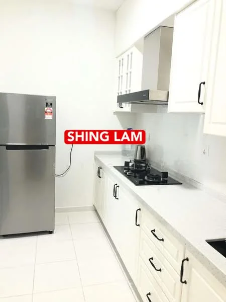 Kitchen features: stainless-steel fridge, white shaker cabinets, grey quartz countertop, black gas hob, stainless-steel range hood, white tiled backsplash, white walls, tile flooring; style: modern.