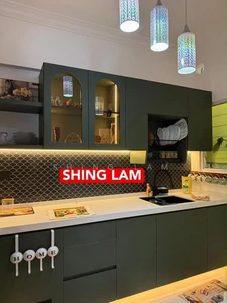 Kitchen features: green cabinetry with glass-front upper cabinets, white countertop, stainless-steel sink, chrome pull-down faucet, hexagonal tile backsplash in grey, built-in oven, freestanding range oven, recessed LED downlights, pendant lighting with decorative shades, open shelving, decorative items on shelves, kitchen utensils visible, wall-mounted dish rack; style: modern.