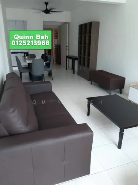 Living features: 3-seater leather sofa in brown, 2-seater leather sofa in brown, coffee table with black surface, TV console, wall-mounted TV, white walls, tile flooring, ceiling fan, decorative shelving unit, dining table with chairs, natural light from windows; style: modern.