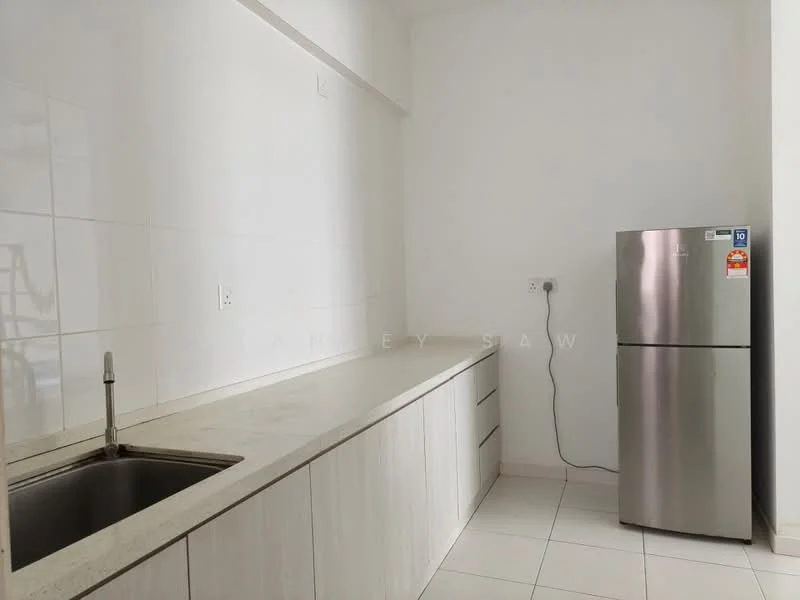 Kitchen features: single-bowl stainless-steel sink, chrome pull-down faucet, light grey laminate cabinetry, white tiled backsplash, white walls, white floor tiles, stainless-steel fridge, countertop with integrated storage; style: modern.
