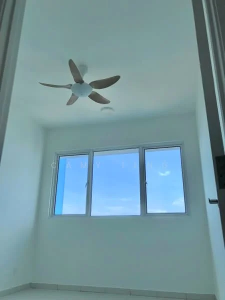 Room features: white painted walls, ceiling fan, floor-to-ceiling windows, tile flooring, natural light, view of the sky; view: sky.