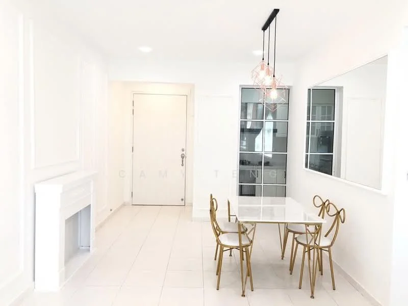 Dining features: white painted walls, white ceiling, tile flooring, glass dining table, 4 gold metal dining chairs, chandelier with geometric design, large mirror on wall, built-in cabinet with glass doors, door leading to hallway; style: modern.
