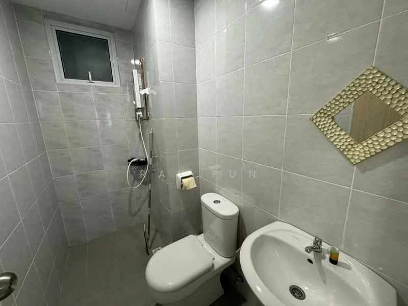 Bathroom features: grey tiled walls, grey tiled flooring, white one-piece toilet, chrome basin mixer faucet, white pedestal sink, shower with wall-mounted showerhead, mirror with decorative frame, window for natural light; style: modern.