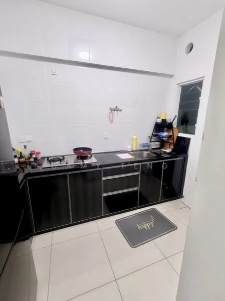 Kitchen features: black cabinetry, white tiled walls, ceramic tile flooring, stainless-steel gas stove, exhaust hood, black countertop, sink, kitchen mat, open shelving, window, wall-mounted faucet; style: modern.