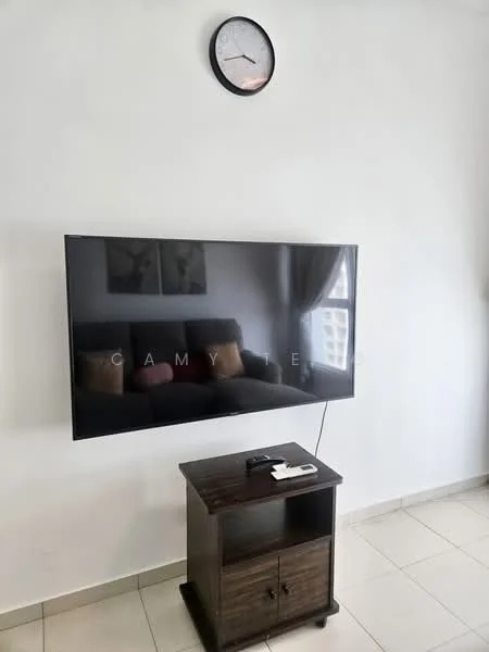 Living features: wall-mounted flat-screen TV, wooden TV console, clock on wall, light-colored walls, tiled flooring, sofa partially visible, window with natural light; style: modern.