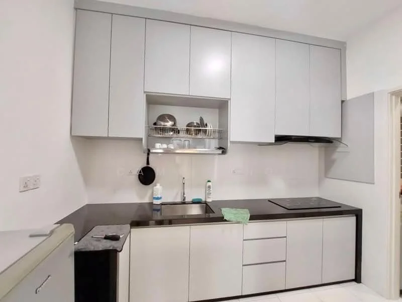 Kitchen features: grey cabinetry, black countertop, stainless-steel sink, chrome pull-down faucet, built-in stove, open shelving, dish rack, white tiled walls, white tiled flooring; style: modern.
