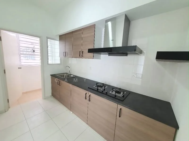 Kitchen features: wood cabinetry in light brown, black countertop, stainless-steel single-bowl sink, chrome pull-down faucet, built-in stainless-steel range hood, 2-burner gas hob, white tiled backsplash, white painted walls, white ceramic tile flooring, window with security bars, door leading to external area; style: modern.