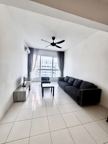 Living features: grey fabric sofa, black coffee table, TV console, wall-mounted TV, white painted walls, white ceiling, 5-blade ceiling fan, floor-to-ceiling windows, curtains, ceramic tile flooring, air conditioning unit; style: modern; view: city.